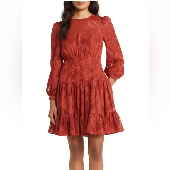 NWOT ELIZA J Metallic Stripe Floral Jacquard Long Sleeve Chiffon Dress - Picture 1 of 16